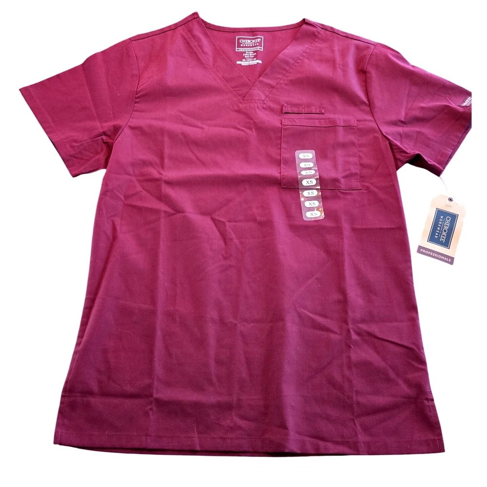 Cherokee‎ Workwear Men's Scrub Top XS Wine WW675 New With Tags 2-Way Stretch
